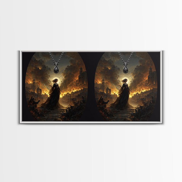 The Moonstone Amulet, Apocalyptic Romantic Art, Wide Panoramic Art, Dark Fantasy Wall Art, Framed Canvas Print, Halloween Wall Art