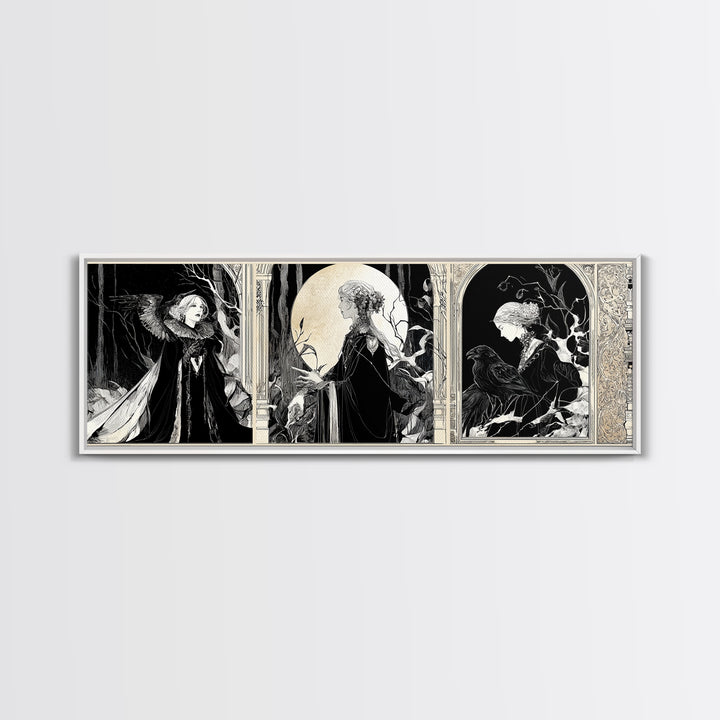 The Moonstone Amulet, Decadent Line Art, Extra Wide Wall Art, Macabre Wall Art, Framed Canvas Print, Halloween Wall Art