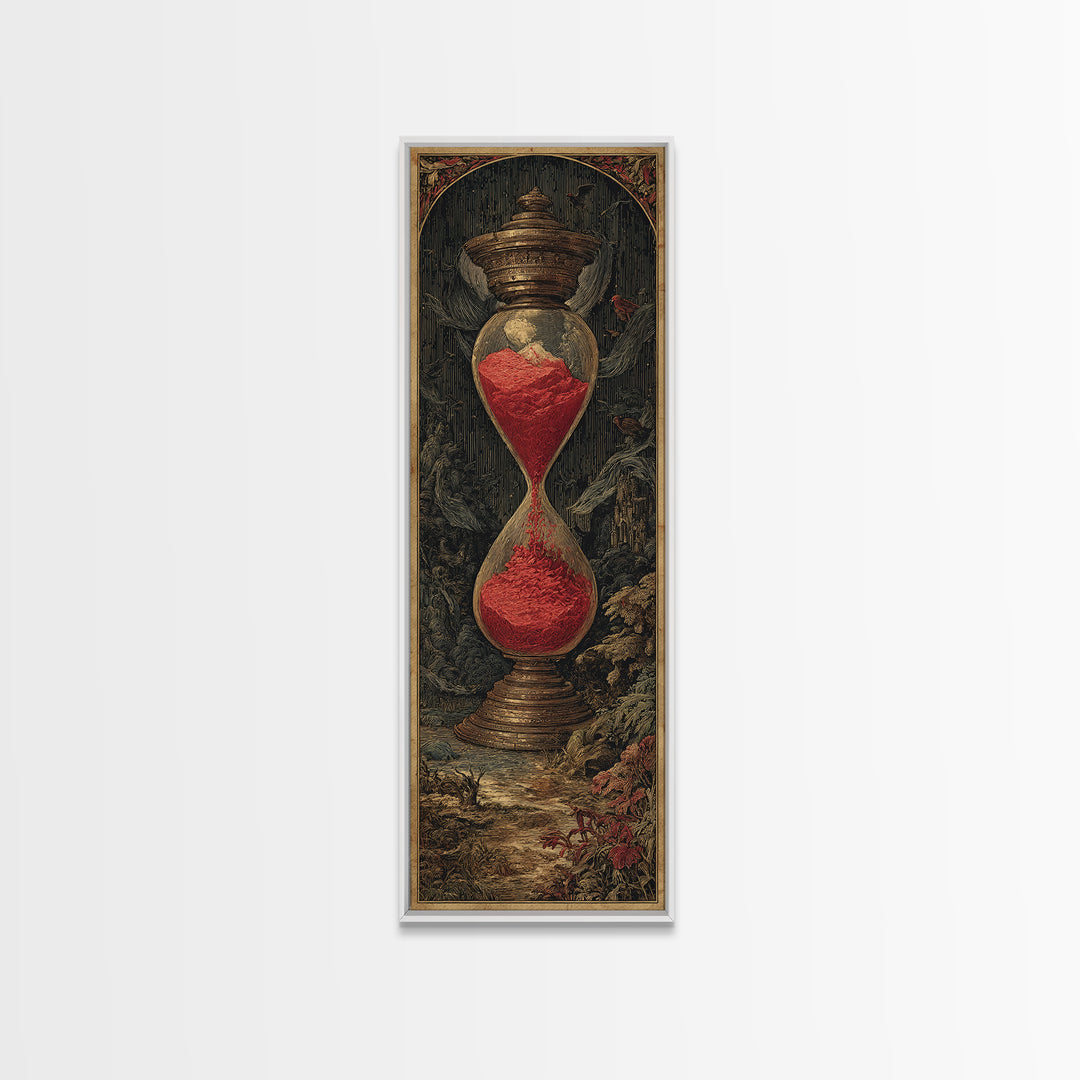 The Crimson Hourglass, Gothic Engraving Art, Tall Narrow Wall Art, Dark Halloween Decor, Framed Canvas Print, Halloween Wall Art