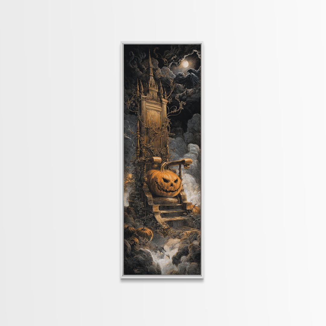 The Jack-O'-Lantern Throne, Gothic Engraving Art, Tall Narrow Wall Art, Dark Halloween Decor, Framed Canvas Print, Halloween Wall Art
