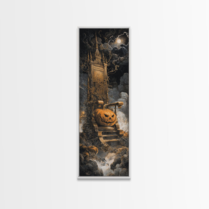 The Jack-O'-Lantern Throne, Gothic Engraving Art, Tall Narrow Wall Art, Dark Halloween Decor, Framed Canvas Print, Halloween Wall Art