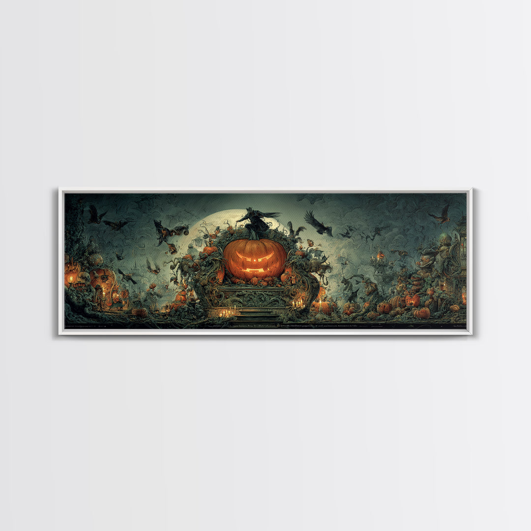 The Jack-O'-Lantern Throne, Medieval Grotesque Art, Extra Wide Wall Art, Dark Fantasy Wall Art, Framed Canvas Print