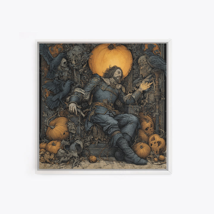 The Jack-O'-Lantern Throne, Renaissance Engraving Art, Square Wall Art, Dark Halloween Decor, Framed Canvas Print, Halloween Wall Art