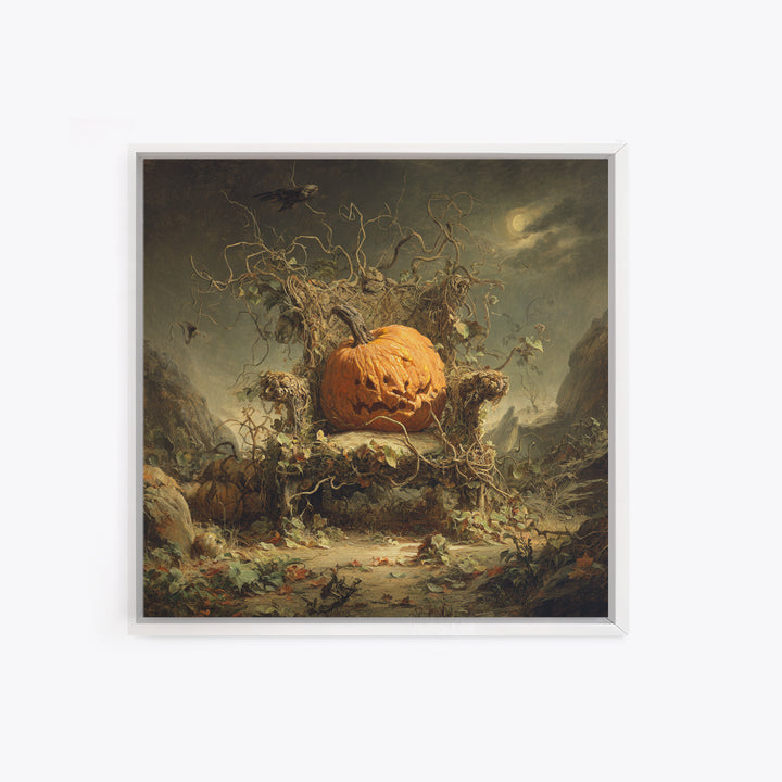 The Jack-O'-Lantern Throne, Baroque Witchcraft Art, Square Wall Art, Dark Halloween Decor, Framed Canvas Print, Halloween Wall Art