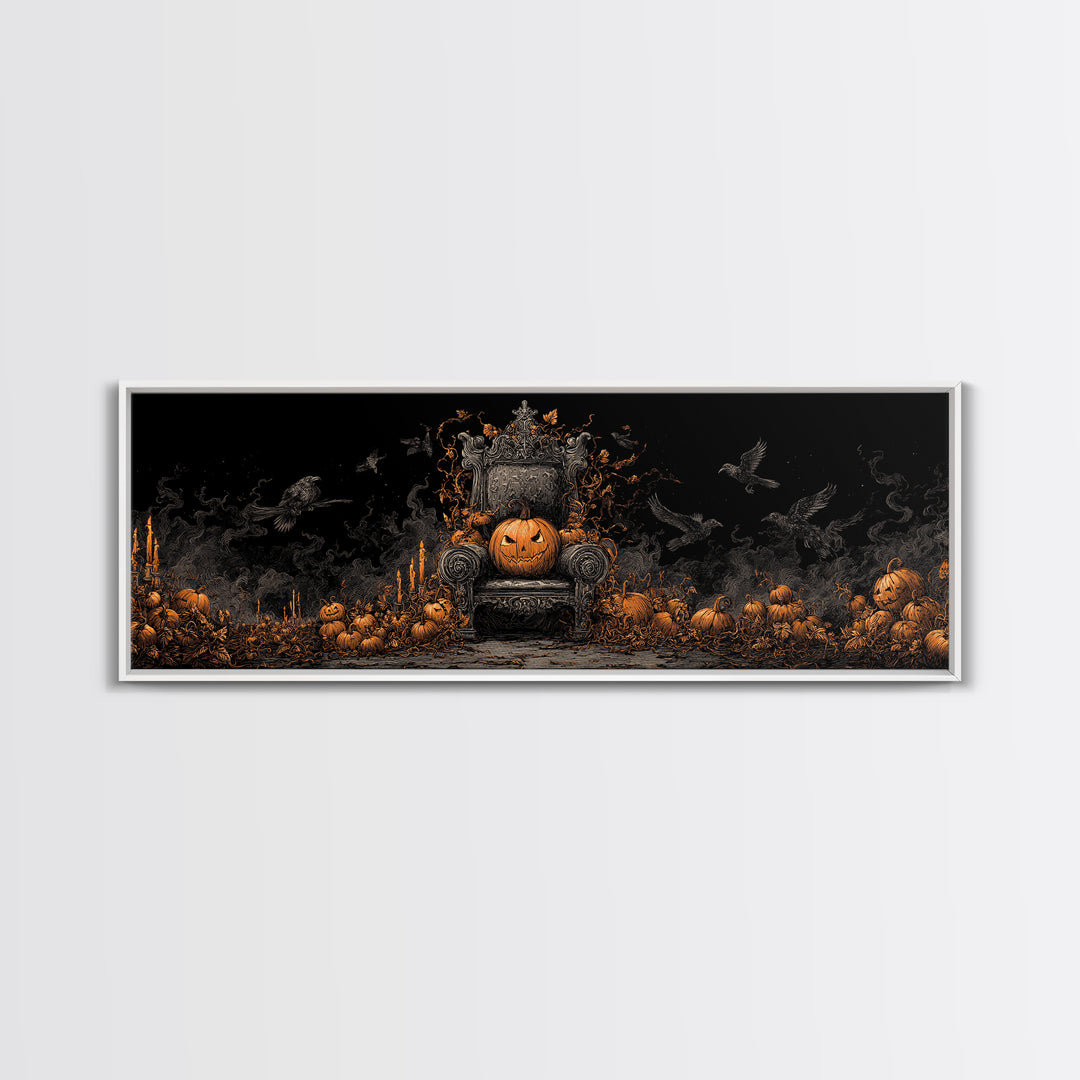 The Jack-O'-Lantern Throne, Dark Romantic Horror Art, Extra Wide Wall Art, Macabre Wall Art, Framed Canvas Print, Halloween Wall Art