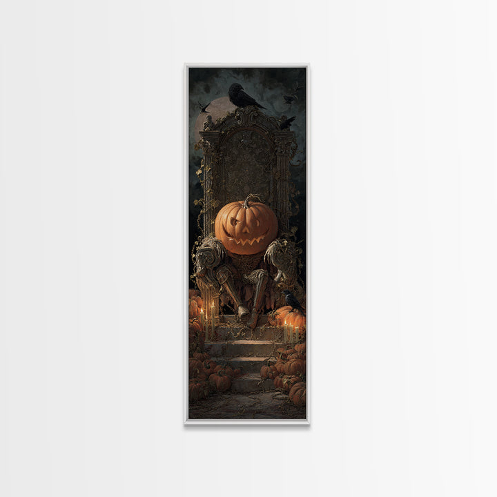 The Jack-O'-Lantern Throne, Architectural Etching Art, Tall Narrow Wall Art, Dark Halloween Decor, Canvas Print