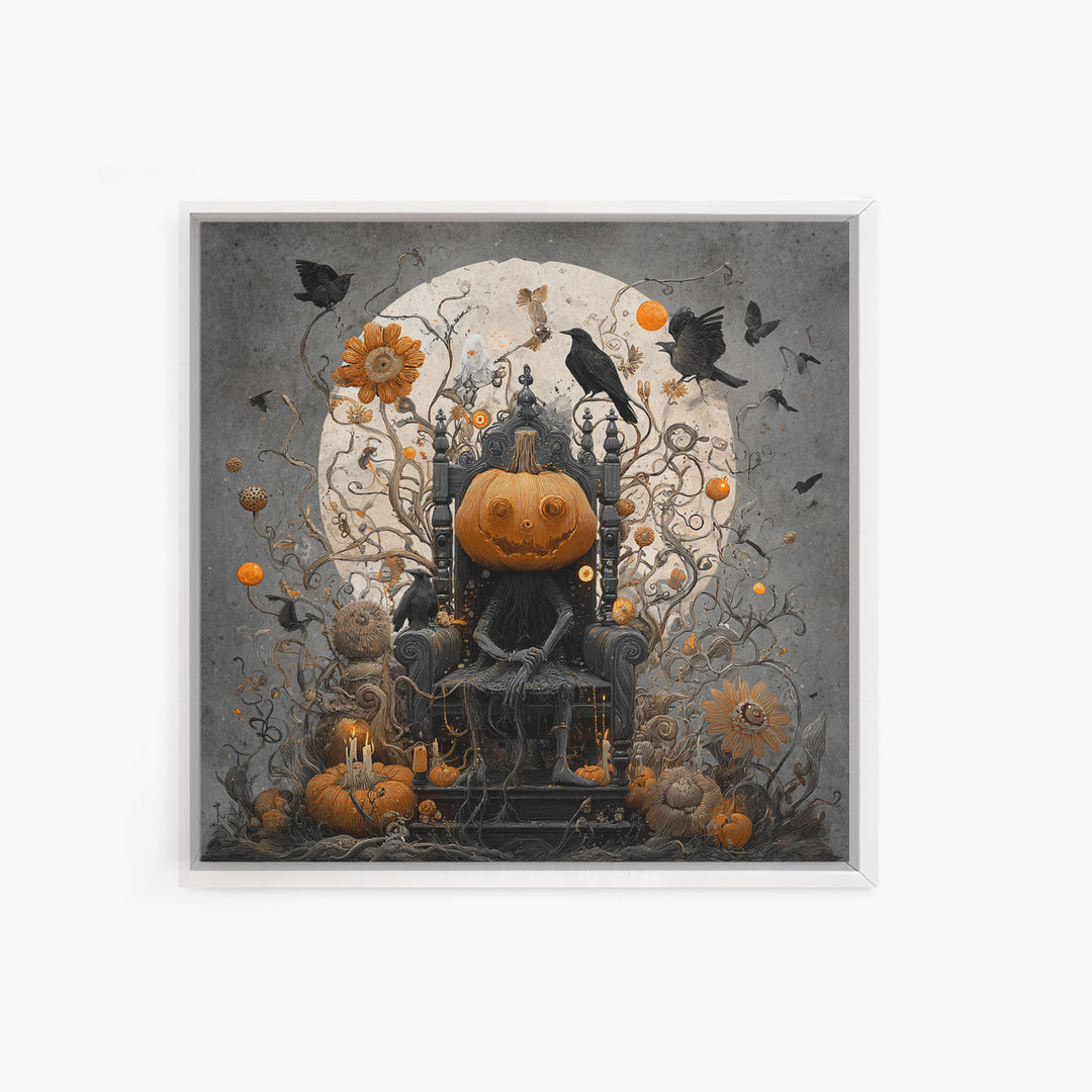 The Jack-O'-Lantern Throne, Symbolist Dream Art, Square Wall Art, Dark Fantasy Wall Art, Framed Canvas Print, Halloween Wall Art