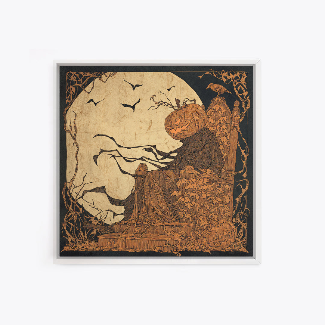 The Jack-O'-Lantern Throne, Decadent Line Art, Square Wall Art, Dark Halloween Decor, Framed Canvas Print, Halloween Wall Art