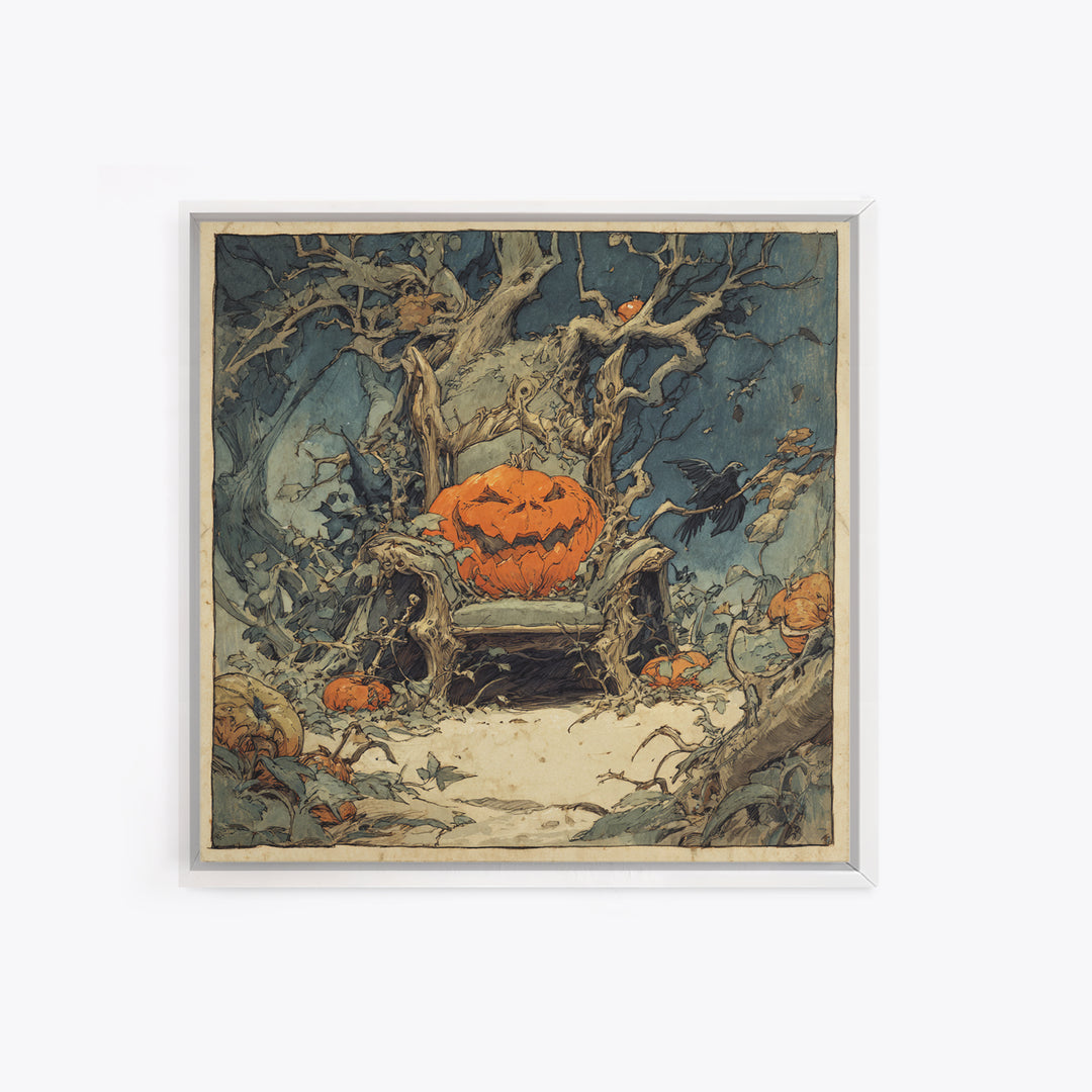 The Jack-O'-Lantern Throne, Gothic Storybook Art, Square Wall Art, Macabre Wall Art, Canvas Print, Halloween Wall Art