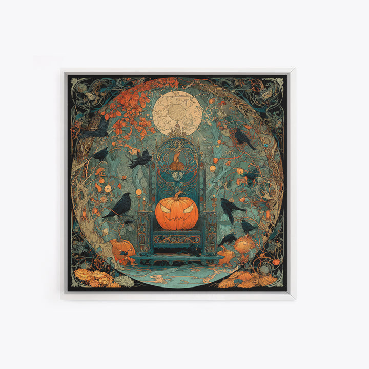 The Jack-O'-Lantern Throne, Stained Glass Gothic Art, Square Wall Art, Macabre Wall Art, Framed Canvas Print, Halloween Wall Art