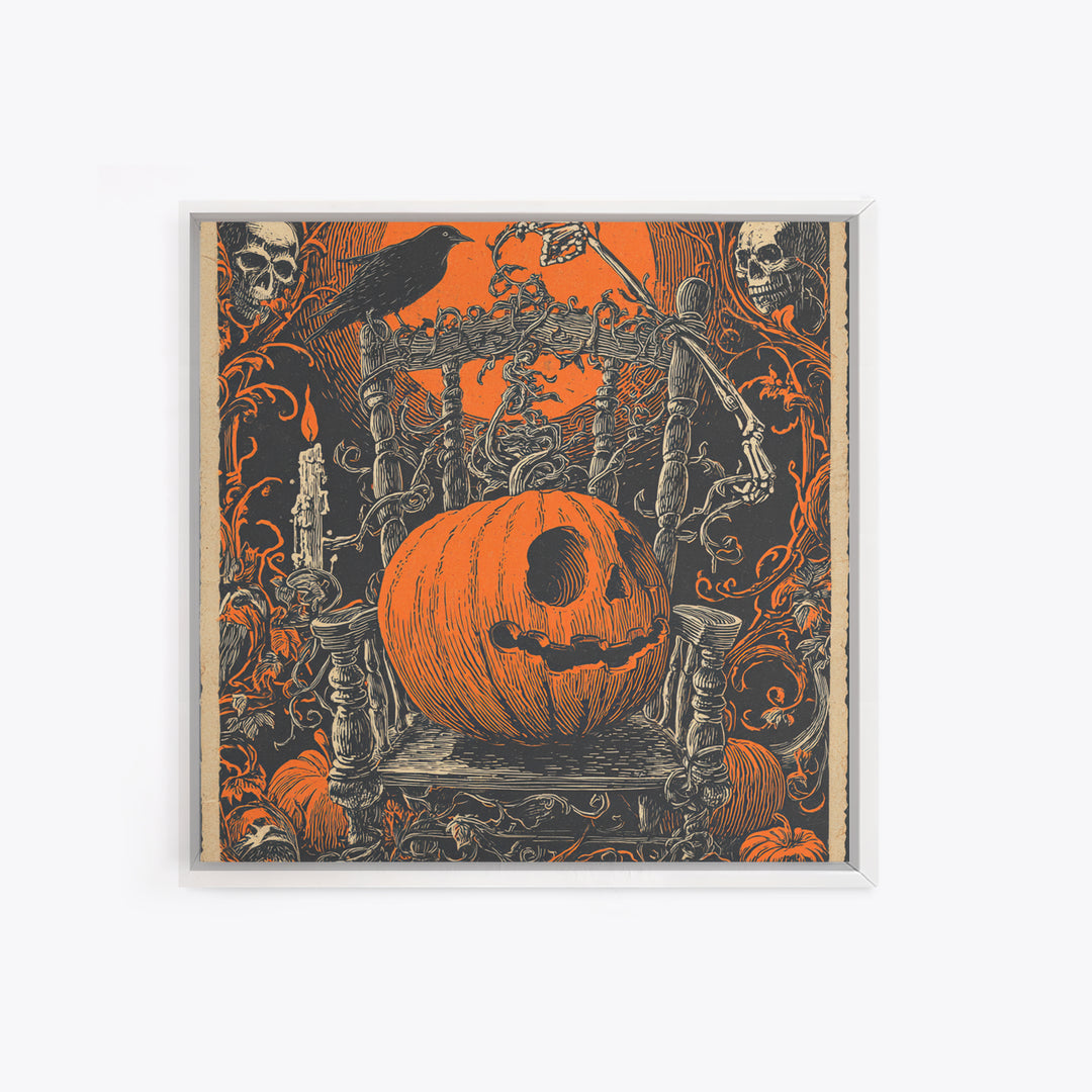 The Jack-O'-Lantern Throne, Macabre Folk Print Art, Square Wall Art, Dark Fantasy Wall Art, Canvas Print, Halloween Wall Art