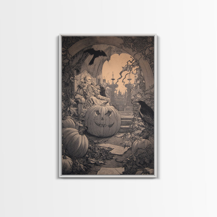 The Jack-O'-Lantern Throne, Victorian Macabre Art, Vertical Wall Art, Gothic Horror Wall Art, Framed Canvas Print, Halloween Wall Art