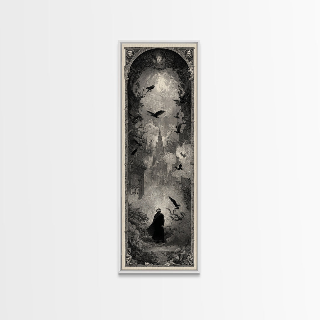 The Haunted Portrait, Gothic Engraving Art, Tall Narrow Wall Art, Dark Fantasy Wall Art, Framed Canvas Print, Halloween Wall Art