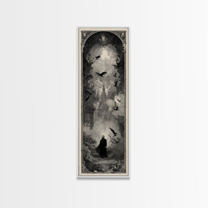 The Haunted Portrait, Gothic Engraving Art, Tall Narrow Wall Art, Dark Fantasy Wall Art, Framed Canvas Print, Halloween Wall Art