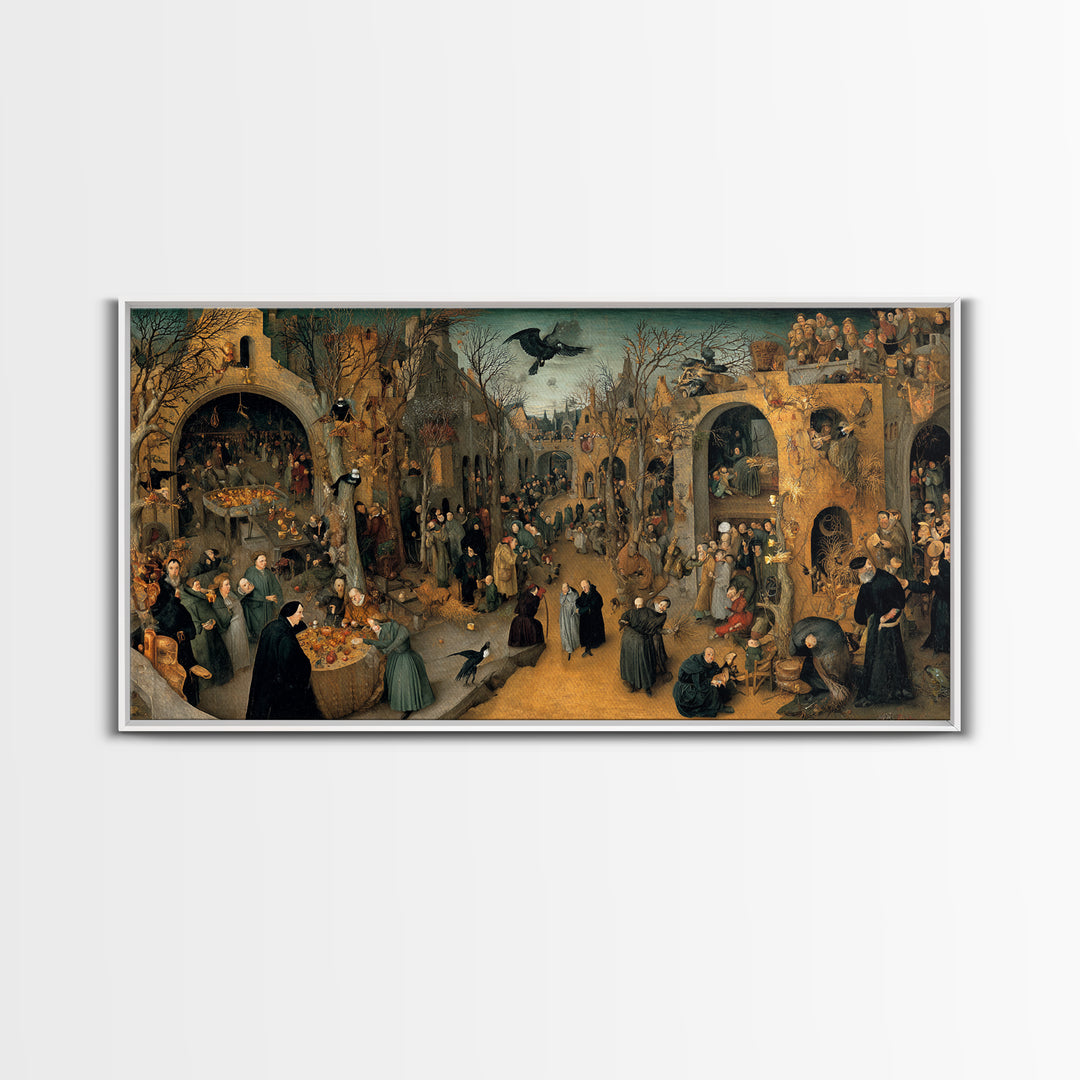 The Haunted Portrait, Northern Renaissance Horror, Wide Panoramic Art, Dark Fantasy Wall Art, Framed Canvas Print, Halloween Decor