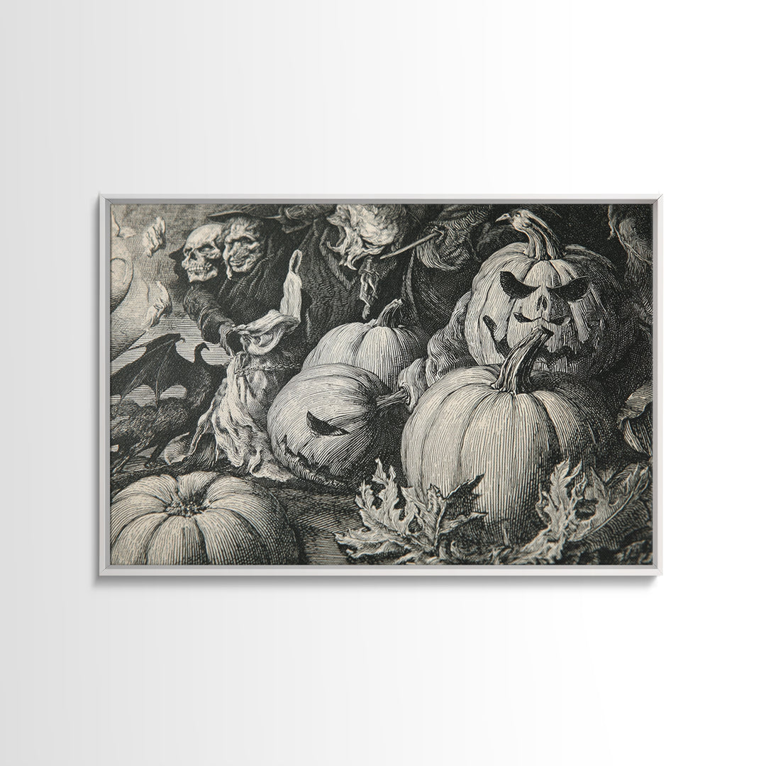 Vintage Orange-And-Black Halloween, Renaissance Engraving Art, Landscape Wall Art, Dark Fantasy Wall Art, Framed Canvas Print
