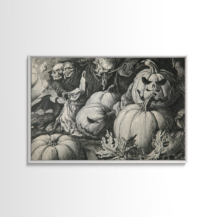 Vintage Orange-And-Black Halloween, Renaissance Engraving Art, Landscape Wall Art, Dark Fantasy Wall Art, Framed Canvas Print