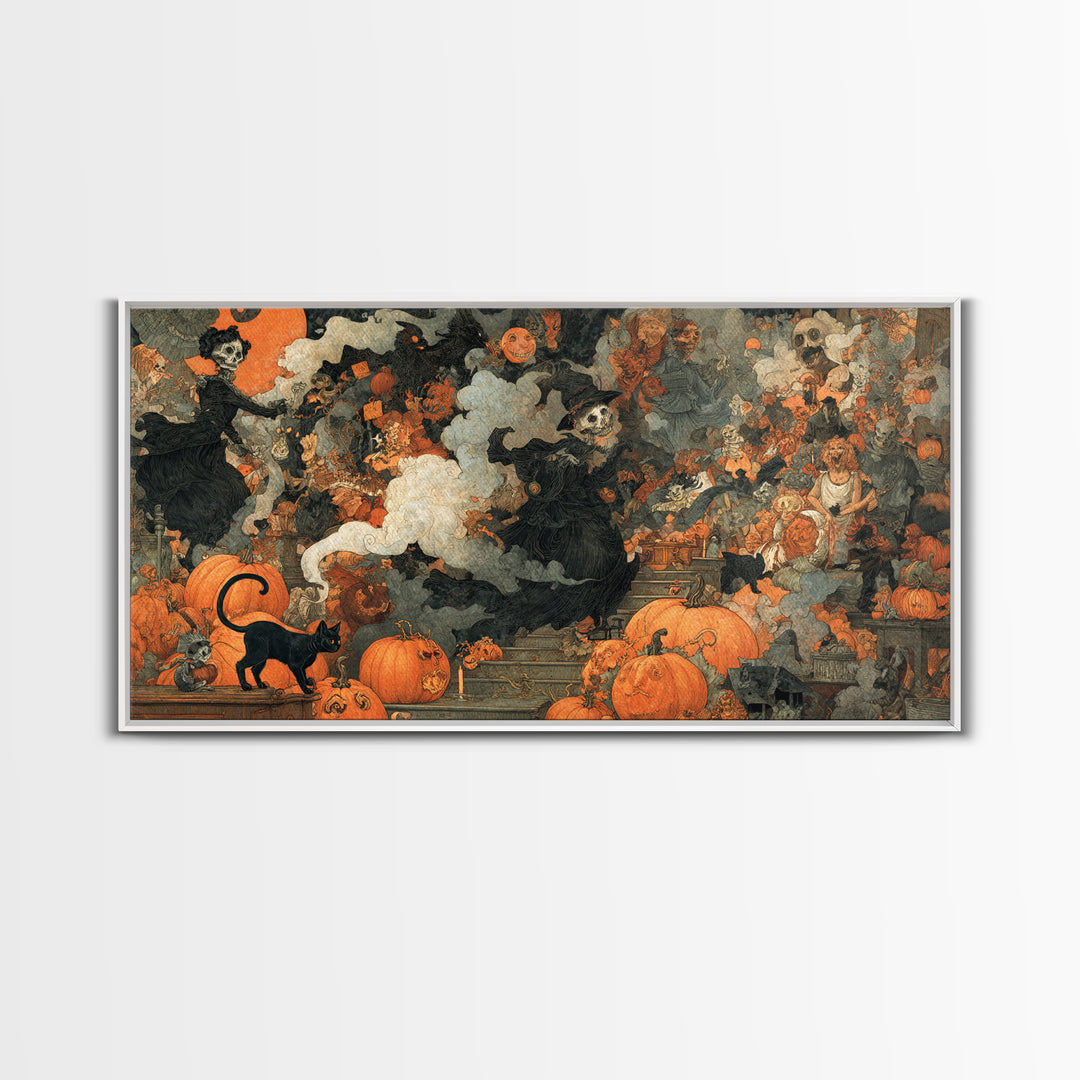 Vintage Orange-And-Black Halloween, Grotesque Carnival Art, Wide Panoramic Art, Macabre Wall Art, Framed Canvas Print, Halloween Wall Art