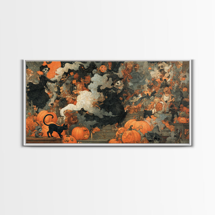 Vintage Orange-And-Black Halloween, Grotesque Carnival Art, Wide Panoramic Art, Macabre Wall Art, Framed Canvas Print, Halloween Wall Art