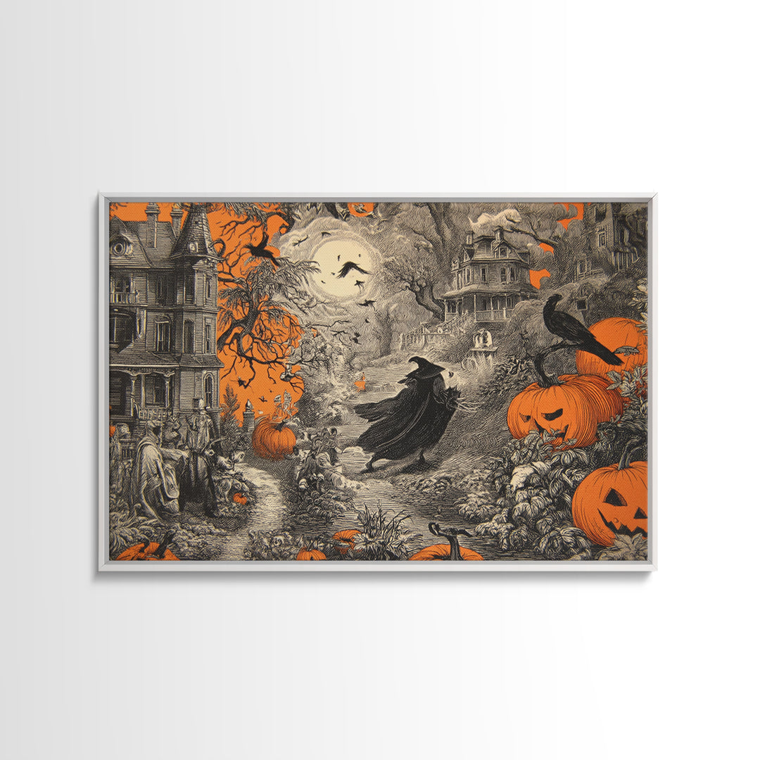 Vintage Orange-And-Black Halloween, Victorian Macabre Art, Landscape Wall Art, Macabre Wall Art, Canvas Print, Halloween Wall Art
