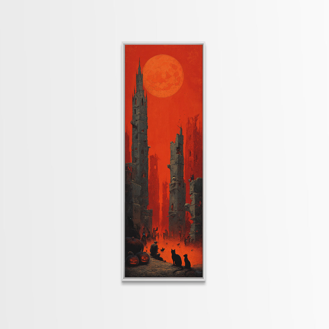 Vintage Orange-And-Black Halloween, Surreal Apocalyptic Art, Tall Narrow Wall Art, Macabre Wall Art, Framed Canvas Print