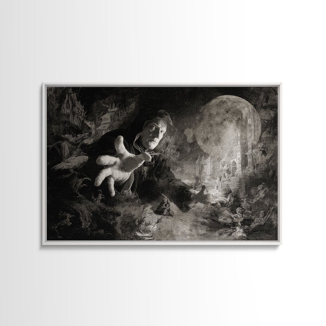 Monochrome Gothic Halloween, Medieval Grotesque Art, Landscape Wall Art, Dark Halloween Decor, Framed Canvas Print, Macabre Wall Art