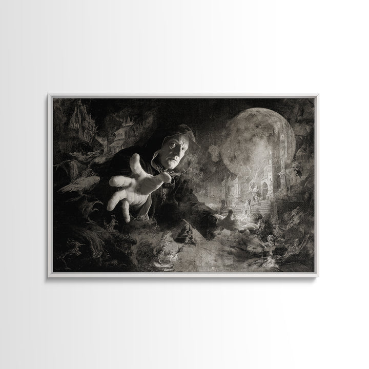 Monochrome Gothic Halloween, Medieval Grotesque Art, Landscape Wall Art, Dark Halloween Decor, Framed Canvas Print, Macabre Wall Art