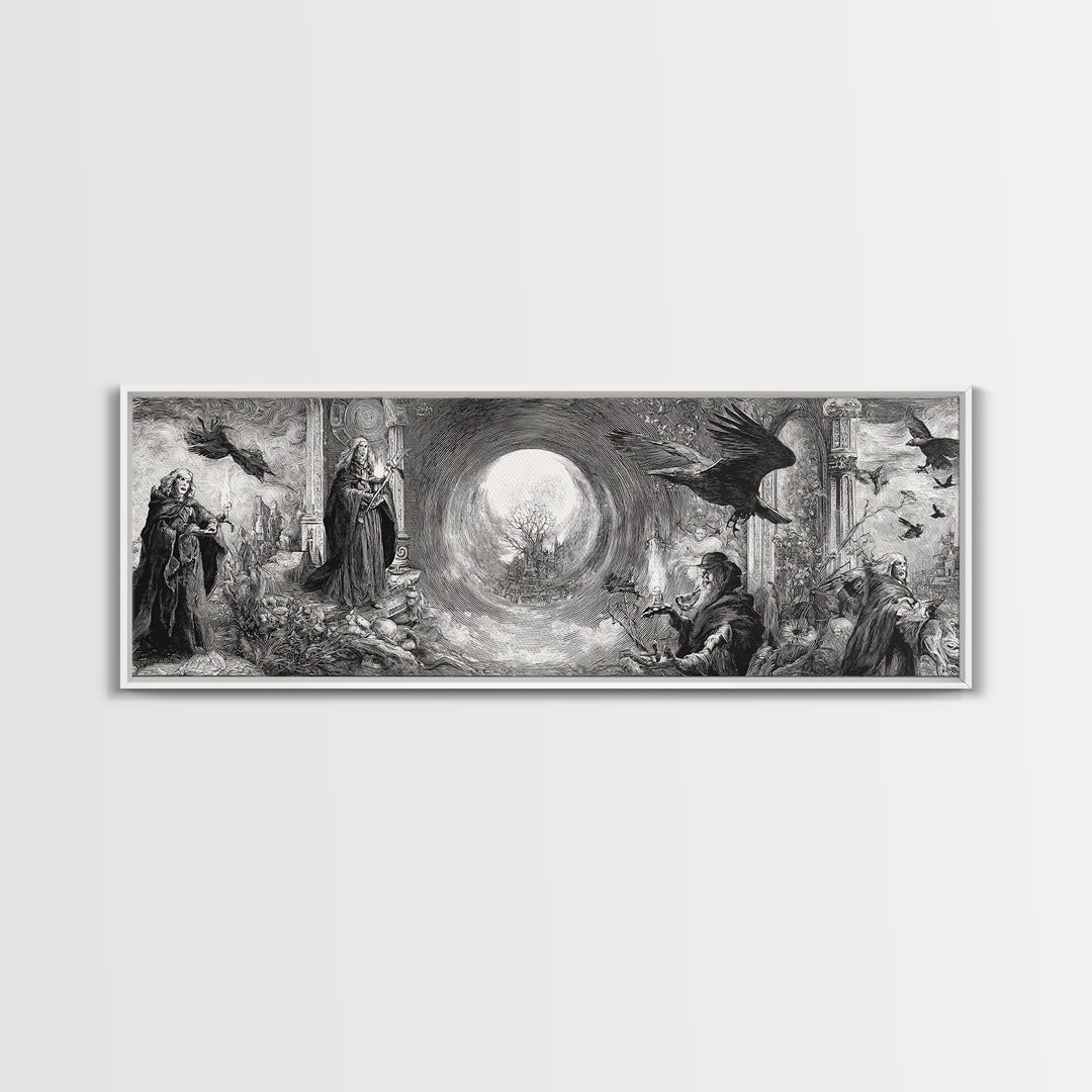 Monochrome Gothic Halloween, Renaissance Engraving Art, Extra Wide Wall Art, Gothic Horror Wall Art, Canvas Print, Halloween Wall Art