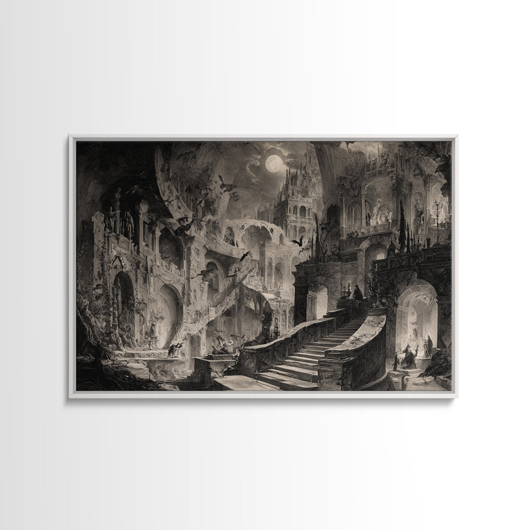 Monochrome Gothic Halloween, Architectural Etching Art, Landscape Wall Art, Dark Fantasy Wall Art, Canvas Print