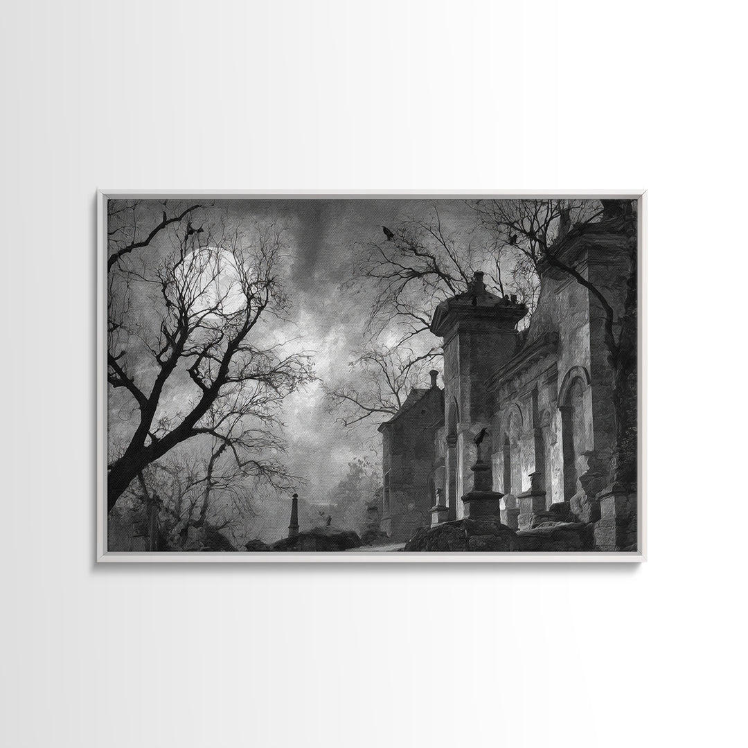 Monochrome Gothic Halloween, Romantic Gothic Landscape, Landscape Wall Art, Dark Fantasy Wall Art, Framed Canvas Print