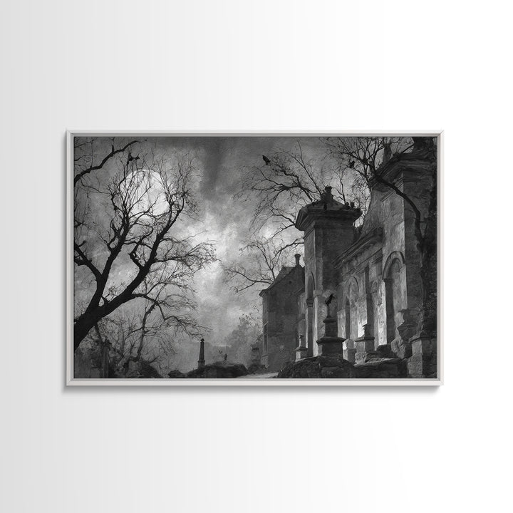 Monochrome Gothic Halloween, Romantic Gothic Landscape, Landscape Wall Art, Dark Fantasy Wall Art, Framed Canvas Print