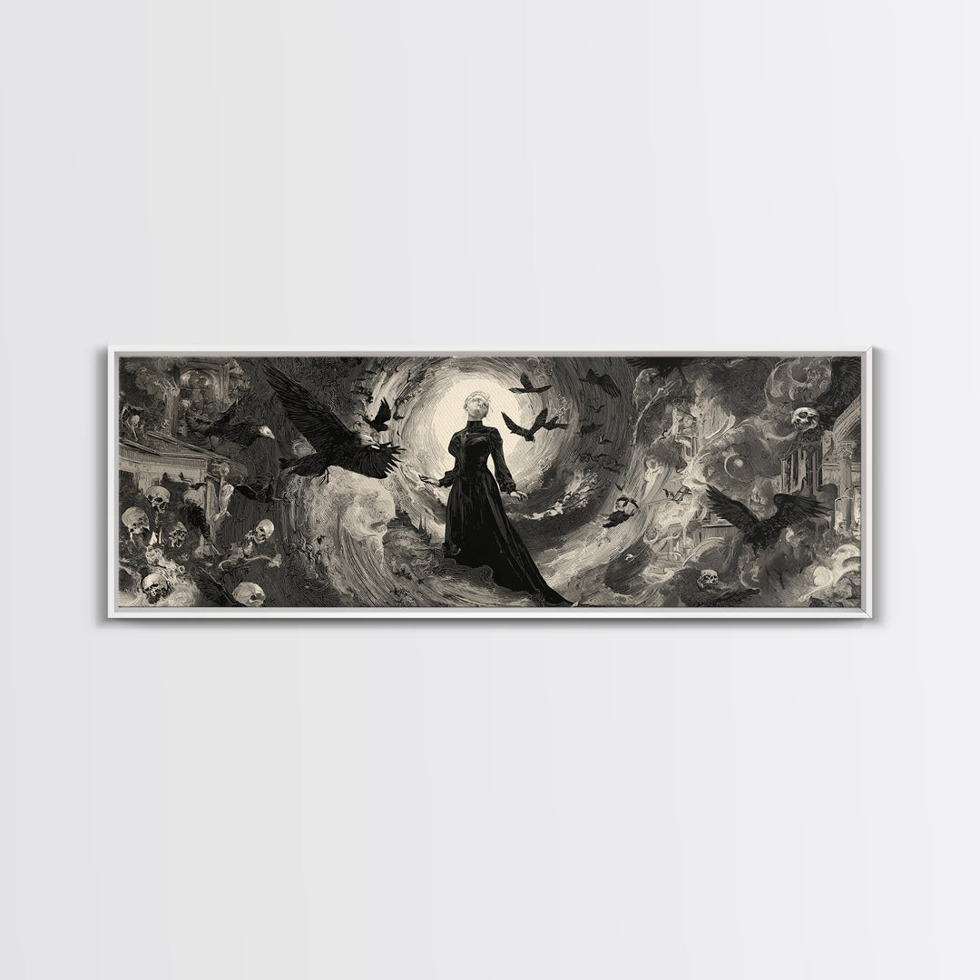 Monochrome Gothic Halloween, Decadent Gothic Art, Extra Wide Wall Art, Gothic Horror Wall Art, Framed Canvas Print, Gothic Home Decor