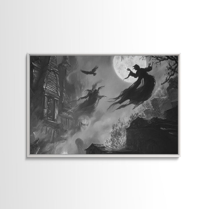 Monochrome Gothic Halloween, Expressionist Nightmare Art, Landscape Wall Art, Dark Halloween Decor, Framed Canvas Print, Halloween Wall Art