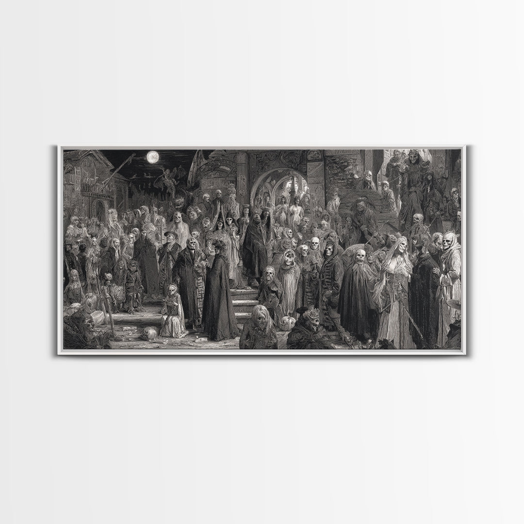 Monochrome Gothic Halloween, Grotesque Carnival Art, Wide Panoramic Art, Dark Halloween Decor, Canvas Print, Halloween Wall Art