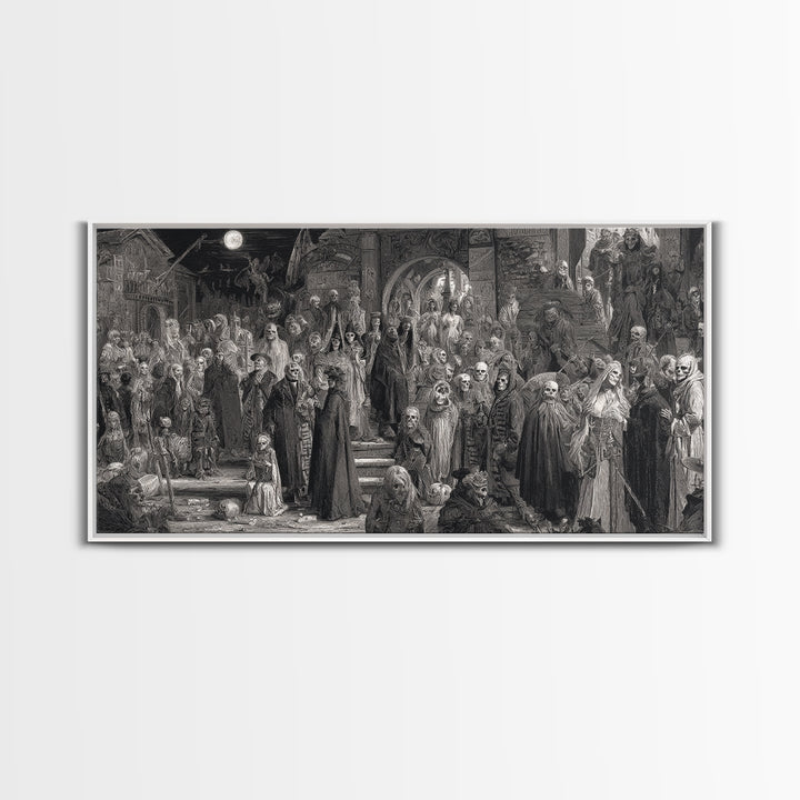Monochrome Gothic Halloween, Grotesque Carnival Art, Wide Panoramic Art, Dark Halloween Decor, Canvas Print, Halloween Wall Art