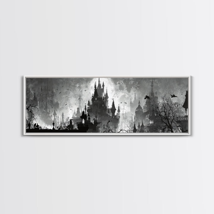 Monochrome Gothic Halloween, Decadent Line Art, Extra Wide Wall Art, Dark Halloween Decor, Canvas Print, Halloween Wall Art