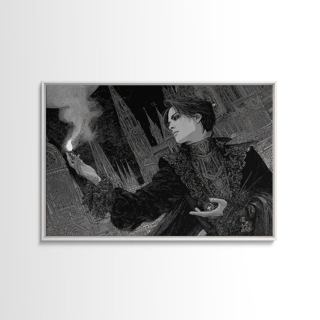 Monochrome Gothic Halloween, Stained Glass Gothic Art, Landscape Wall Art, Dark Halloween Decor, Framed Canvas Print, Halloween Wall Art