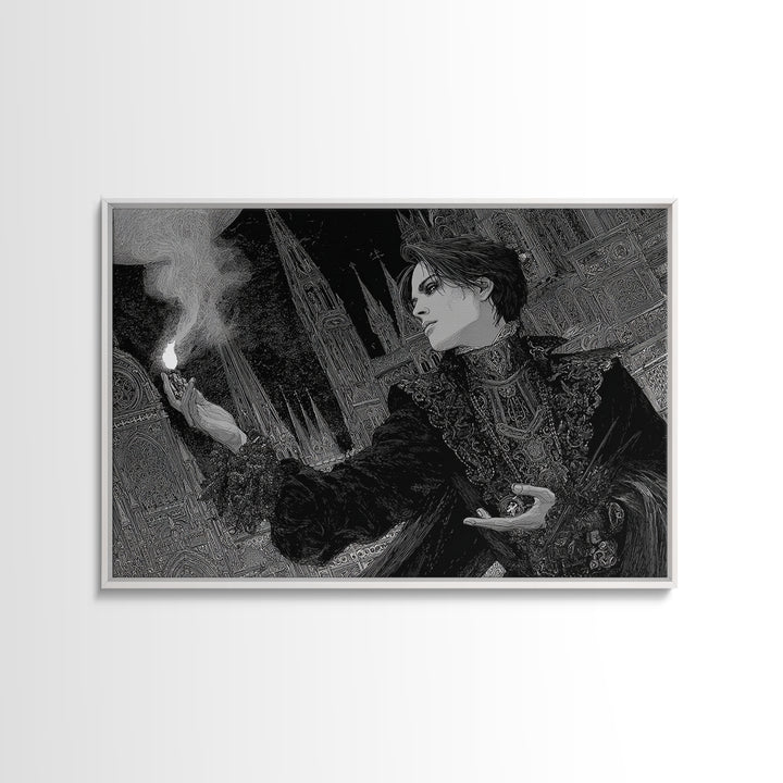 Monochrome Gothic Halloween, Stained Glass Gothic Art, Landscape Wall Art, Dark Halloween Decor, Framed Canvas Print, Halloween Wall Art