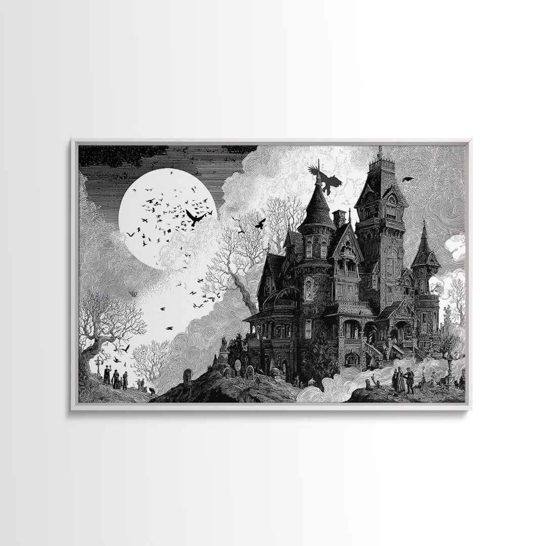 Monochrome Gothic Halloween, Victorian Macabre Art, Landscape Wall Art, Dark Halloween Decor, Canvas Print, Halloween Wall Art