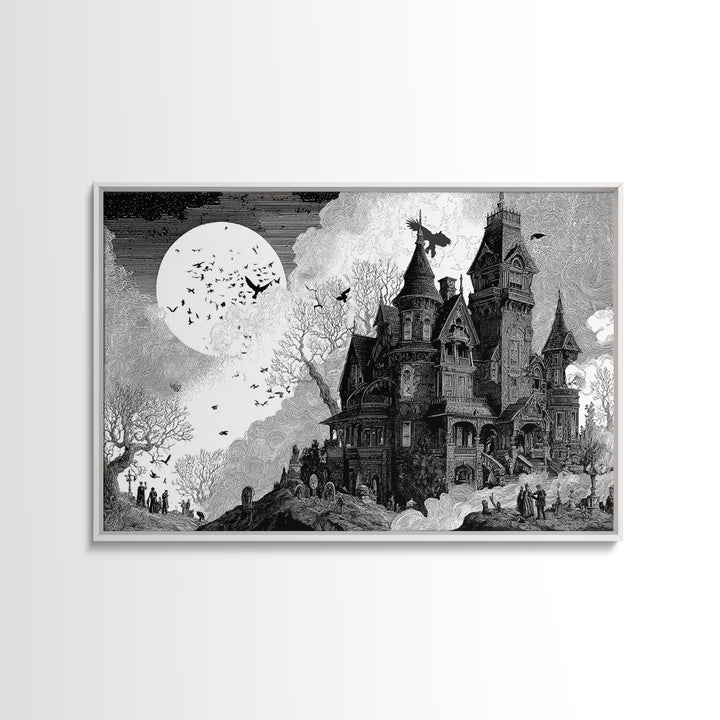 Monochrome Gothic Halloween, Victorian Macabre Art, Landscape Wall Art, Dark Halloween Decor, Canvas Print, Halloween Wall Art