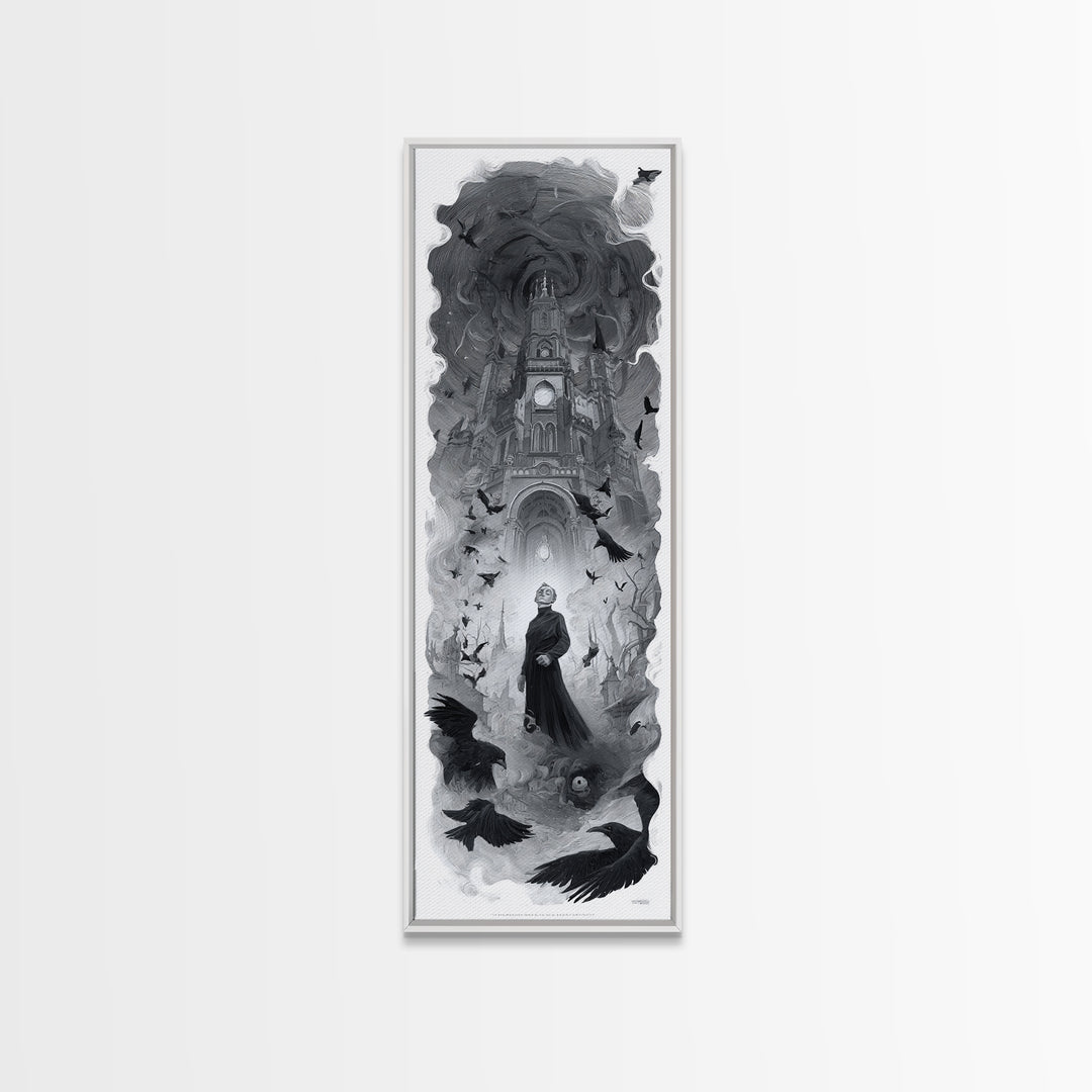 Monochrome Gothic Halloween, Surreal Apocalyptic Art, Tall Narrow Wall Art, Macabre Wall Art, Framed Canvas Print, Halloween Decor