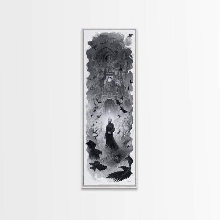 Monochrome Gothic Halloween, Surreal Apocalyptic Art, Tall Narrow Wall Art, Macabre Wall Art, Framed Canvas Print, Halloween Decor