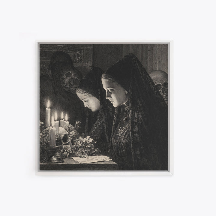 Victorian Mourning Halloween, Renaissance Engraving Art, Square Wall Art, Gothic Horror Wall Art, Canvas Print, Halloween Wall Art
