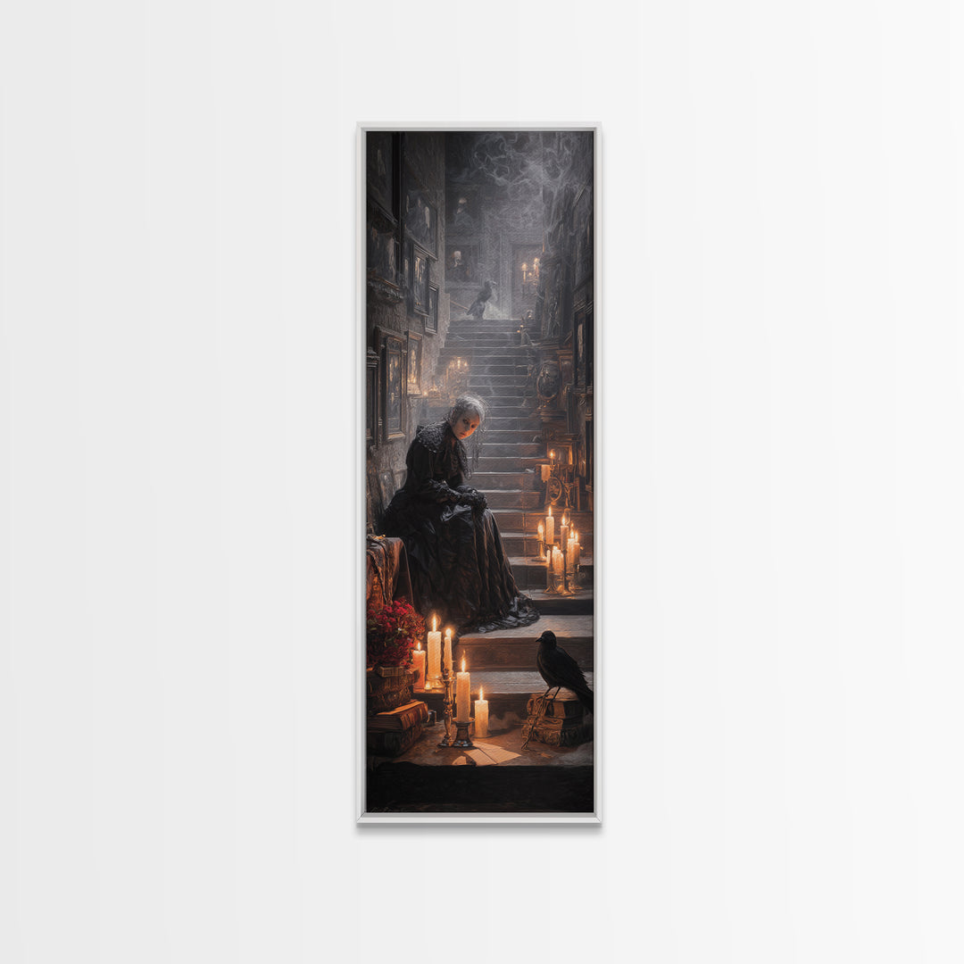 Victorian Mourning Halloween, Architectural Etching Art, Tall Narrow Wall Art, Gothic Horror Wall Art, Framed Canvas Print