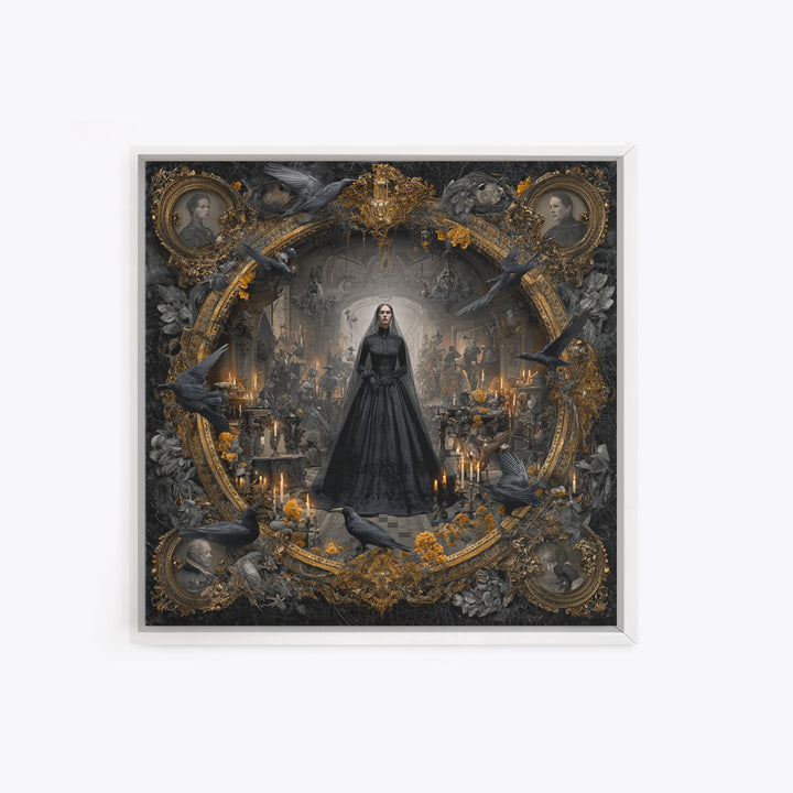 Victorian Mourning Halloween, Ornate Symbolist Art, Square Wall Art, Dark Halloween Decor, Framed Canvas Print, Halloween Wall Art