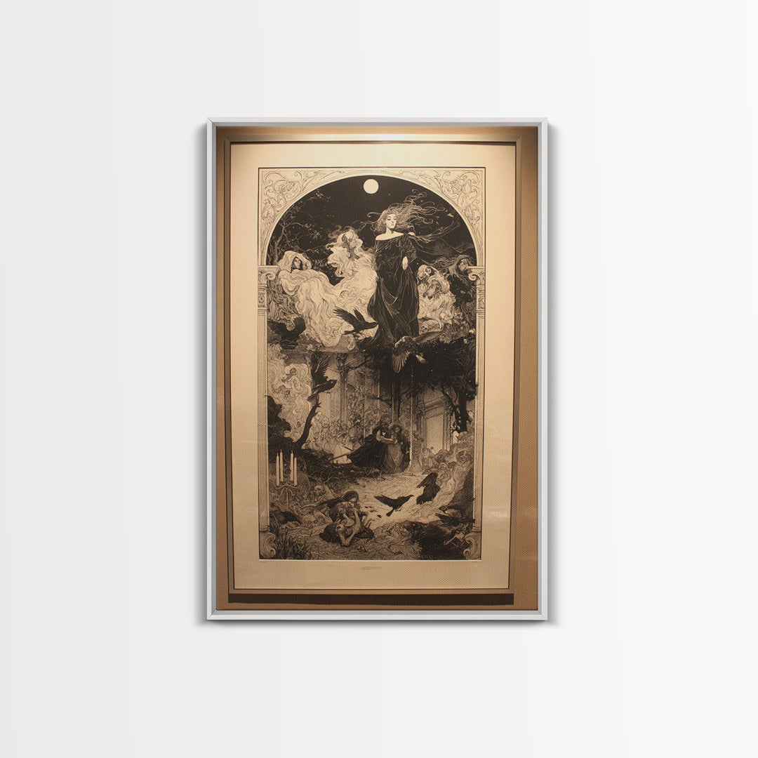 Art Nouveau Witchcraft, Renaissance Engraving Art, Vertical Wall Art, Macabre Wall Art, Framed Canvas Print, Halloween Wall Art