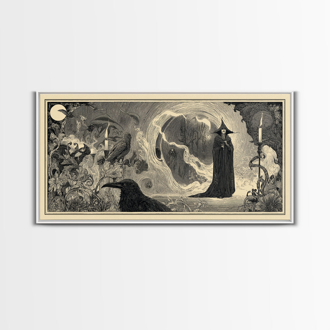 Art Nouveau Witchcraft, Expressionist Nightmare Art, Wide Panoramic Art, Dark Halloween Decor, Framed Canvas Print, Halloween Wall Art
