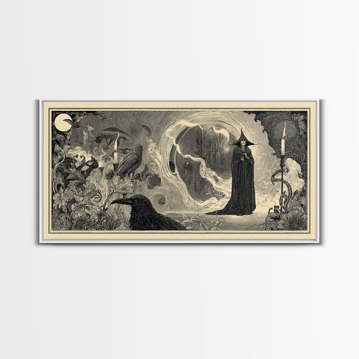 Art Nouveau Witchcraft, Expressionist Nightmare Art, Wide Panoramic Art, Dark Halloween Decor, Framed Canvas Print, Halloween Wall Art