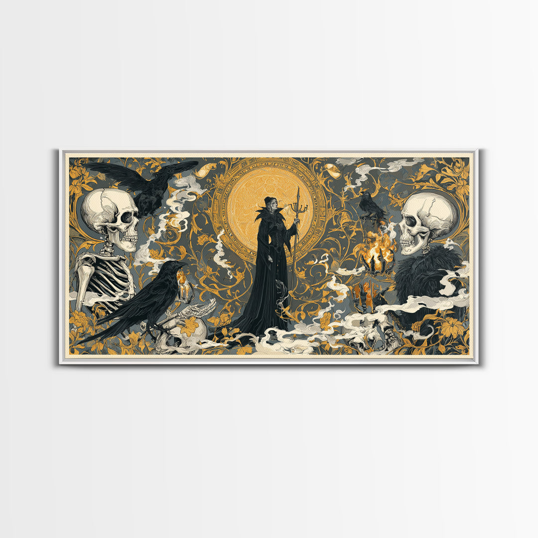 Art Nouveau Witchcraft, Macabre Folk Print Art, Wide Panoramic Art, Dark Fantasy Wall Art, Framed Canvas Print, Halloween Decor