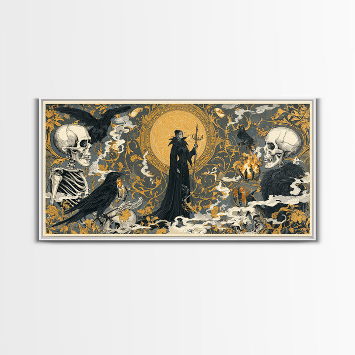 Art Nouveau Witchcraft, Macabre Folk Print Art, Wide Panoramic Art, Dark Fantasy Wall Art, Framed Canvas Print, Halloween Decor